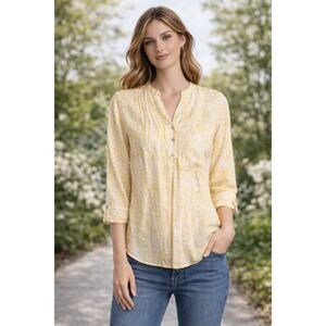 A.N.A Yellow Floral Graphic Flowy Blouse Sz M Garden Minimal Fairy Rayon Top